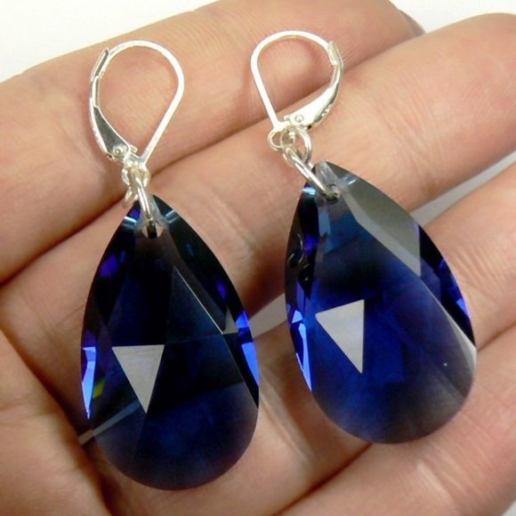 Sterling Silver Blue Briolette Dangle Earrings 2" - Picture 1 of 4